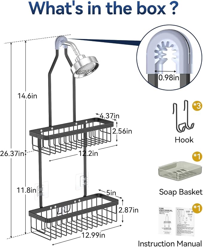 YASONIC Never Rust Shower Caddy Hanging, Aluminum Shower Racks for Inside Shower, 2-Tier Shower Organizer Hanging Over Shower Head with Hooks and Soap Holder, Black
