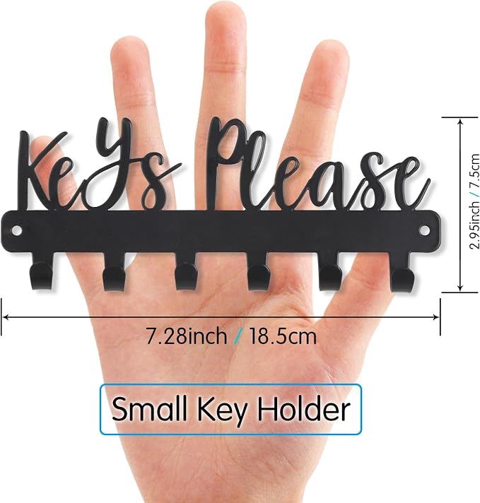 Keys Please Key Holder Wall Mounted, Mini Size: 7.28x2.95inch | Black Metal Decorative Rack Hooks for Garage,Mudroom,Hallway,Entryway,Front Door,Office