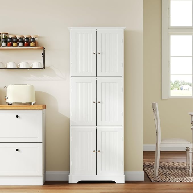 ChooChoo 63.2" Tall Bathroom Storage Cabinet with 6 Doors | Freestanding Floor Cabinet, Adjustable Shelves, Pantry Cabinet for Bathroom, Kitchen, Laundry Room, White