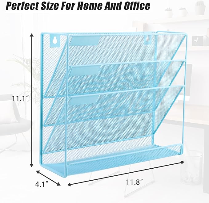 EASEPRES Desk File Organizer Mesh 4-Tier, Hanging Wall Mount Document Organization Stand, Desktop Vertical Mail Paper Folder Holder Rack with Bottom Tray for Office Home Cubicle Countertop, Blue