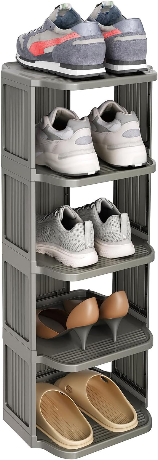 Kitstorack 5-Tier Vertical Plastic Shoe Rack, Freestanding Stackable Shoe Storage Organizer Cubes Shoe Shelf Tower or Small Closets and Tight Spaces, Gray