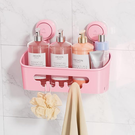LEVERLOC Shower Caddy Suction Cup,Shower Organizer Bathroom Shelf, Pink
