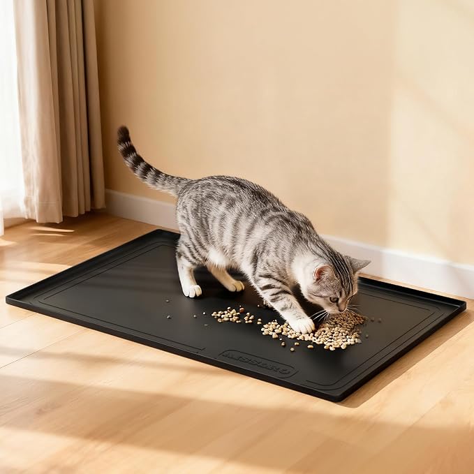 Under Sink Mat 31 X 22, Waterproof Silicone Cabinet Kitchen Liner, Black | Raised-Edge Cabinet Protector & Leak Tray for Bathroom Cabinets, Boots, Pet Feeding Mats, Dog & Cat Bowls, Dishwasher Safe