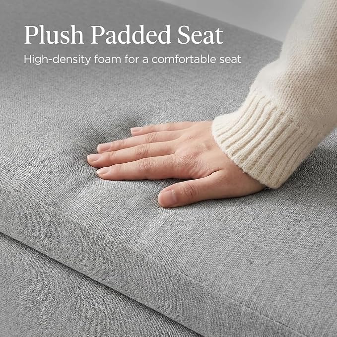 43.5” Storage Ottoman Bench，Upholstered Oval End of Bed Bench for Bedroom | Modern Linen Ottoman with Storage, Entryway Foot Rest with Wooden Legs, Lift-Top Lid with Safety Hinge, Living Room, Grey