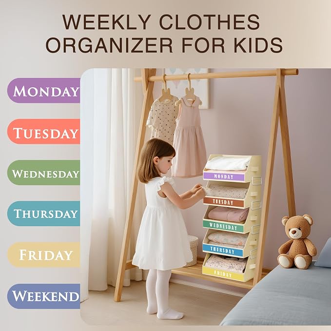 Closet Organizers and Storage - 5 Tier Shelf Organizer with Weekly Labels, Stackable Storage Bins with Metal Frame, Foldable Cube Bins, Home Baskets for Kids and Adults, Beige