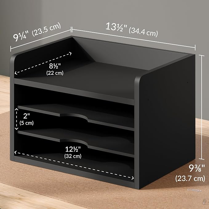 Ballucci File Organizer, 4-Tier Office Desk Organizer, Open Top Wood Paper Organizer for Classroom, Desktop Mail Sorter Paper Tray, Black