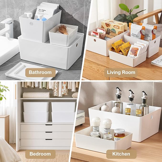 Soddeph 4 Pack Thick Plastic Storage Box with Lid, Durable Stackable Storage Bins, Hard Plastic Organizer Baskets for Home Office,Storage Containers 6.8" x 5.1" x 3.1" (White with Lid)