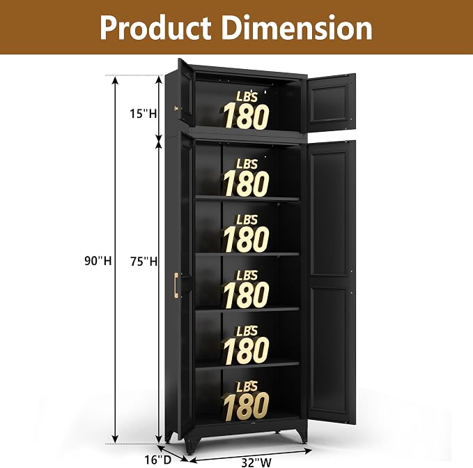 Polup 90" Pantry Cabinet, Tall Metal Storage Cabinet with Doors and Shelves | Black Kitchen Cabinet, 5 Adjustable Shelving, Heavy-Duty, 2 Gold Handles, 4 Standing Feet, for Dining Room Garage & Laundry