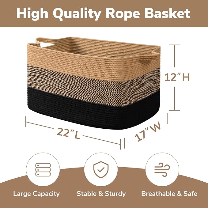 Goodpick 75L Extra Large Blanket Basket, 22" x 17" x 12", Black & Jute | Decorative Storage Basket for Blankets, Pillows & Toys, Living Room & Bedroom Organization, Built-In Woven Handles