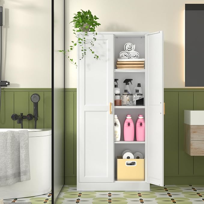 Polup 60" White Metal Kitchen Pantry Storage Cabinet with Doors and Shelves | Freestanding Cupboard, Cold-Rolled Steel, 4-Tier Heavy Duty, Adjustable Shelving, Gold Handles, for Garage Office & Laundry