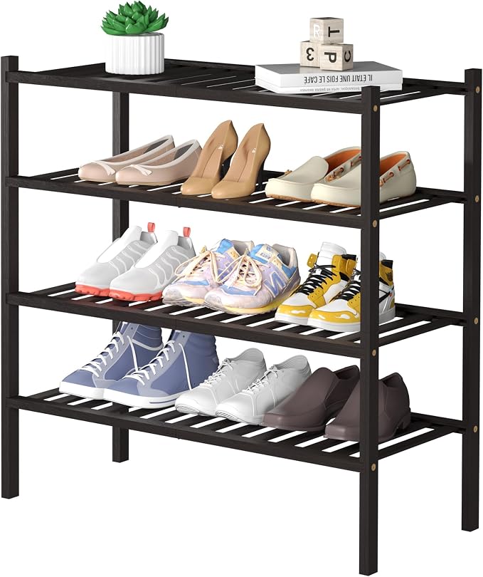ROMGUAR CRAFT 4 Tier Bamboo Shoe Rack for Closet Free Standing Wood Shoe Shelf for Entryway Small Space Stackable 27"x11"x26" (Brown)