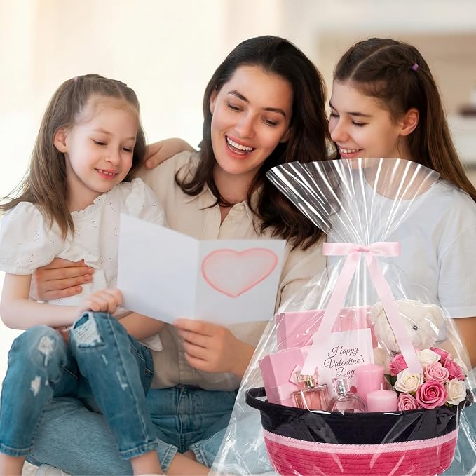 Colingmill 1 Set Woven Empty Basket for Gift,Black Hot Pink | with Cellophane Wrap Set, 14 x 10 x 5.5 Inch, Medium Decorative Gift Basket, Cotton Rope Storage Box, Home Decor