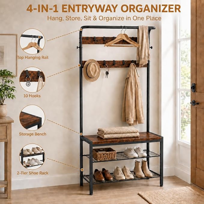 Simple Deluxe 4-in-1 Hall Tree with Bench and Shoe Storage, Entryway Coat Rack with 10 Hooks, Freestanding Mudroom Organizer with 2-Tier Shoe Rack for Entryway Bedroom Foyer, Brown