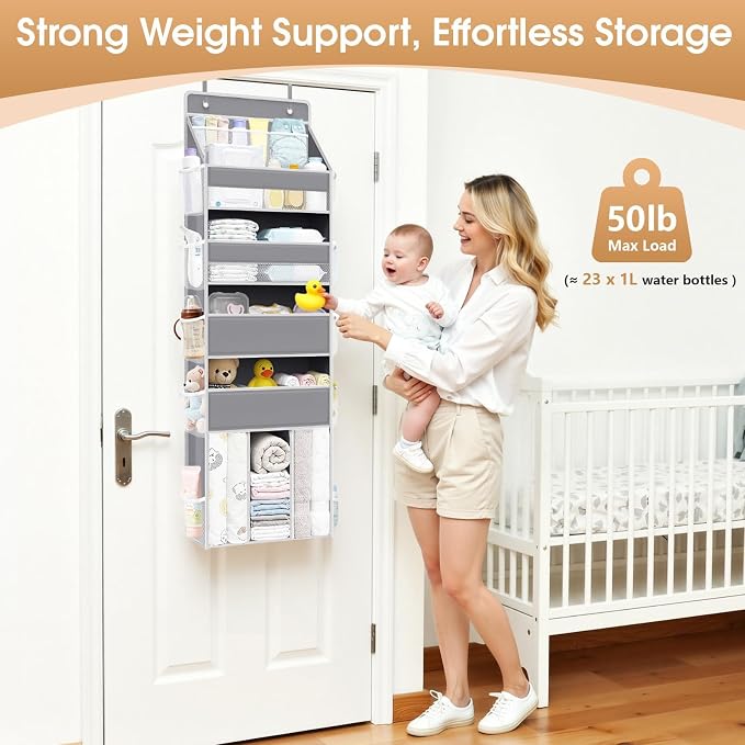 WISELIFE 5-Tier Over the Door Organizer for Nursery Hanging, Gray | Multi-Pocket Back of Door Baby Organizer for Diapers, Clothes & Nursery Essentials, Heavy-Duty Large Capacity, 50 Lb Capacity