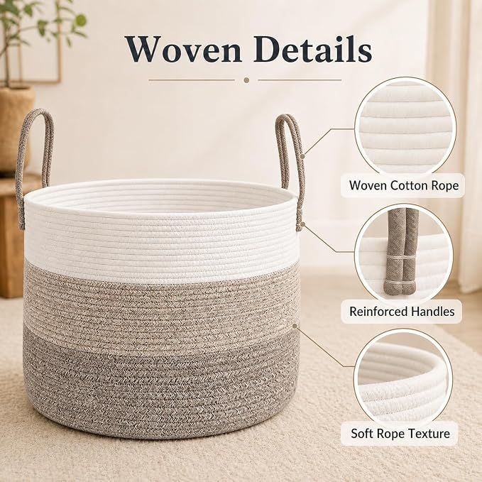 JMvicyroam 115L Extra Large Machine Washable Cotton Rope Blanket Basket | Collapsible laundry hamper, Reinforced handles, For blankets,pillows,toys and clothes, Living room and bedroom,White&BrownMix
