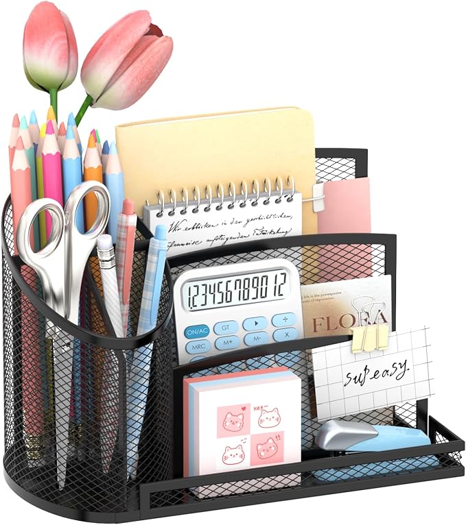 Desk Organizer with 3 Compartment Pen Holder, 3-Slot Mail Organizer and Flower Tube, Metal Mesh Bill Organizer for Pencil, Envelope, Letter and Office Supplies, Black