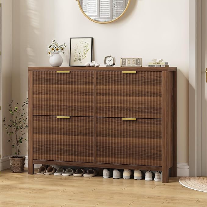 47" Fluted Shoe Cabinet Stoarge with 4 Flip Drawers for Entryway, Hallway | Hidden Shoe Rack Slim Freestanding Shoe Organizer with Legs for Hallway, Living Room, Walnut