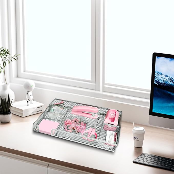 Pink Office Desk Accessories Set with Stapler, Tape Dispenser & Organizer | Pink Office Supplies Set with Stapler, Tape Dispenser, Scissors, Clips and More for Organized Workspace