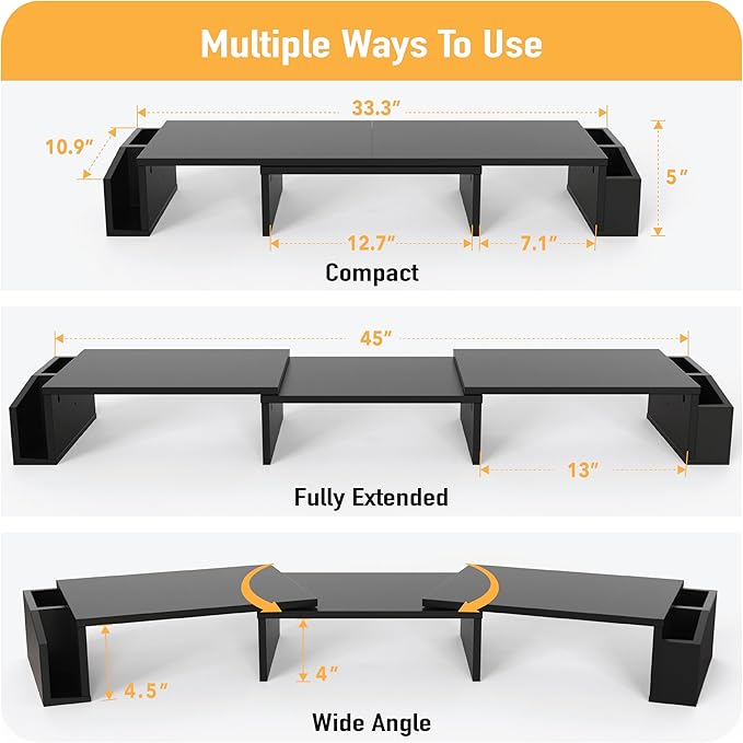 Simple Houseware Desk Dual Monitor Stand Riser with Drawer, Black | Customizable Organizer Tray, Built-In Phone & Tablet Slot and Side Storage