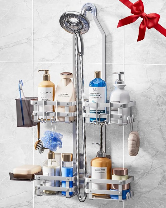 Aluminum Shower Caddy Hanging,Shower Caddy, Never Rust Shower Organizer | 4 Levels with adjustable Height 10 Hooks for Razor/Sponge - Rack with Soap Basket (Silver)