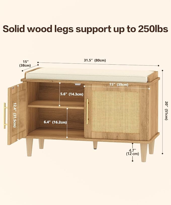 Akxomel 31.5" Rattan Shoe Storage Bench 2 Doors Wooden Entryway Bench Oak | 2 Tier Shoe Bench with Padded Cushion, Adjustable Shelves and 2 Doors, Solid Wood Legs, for Hallway, Living Room, Bedroom