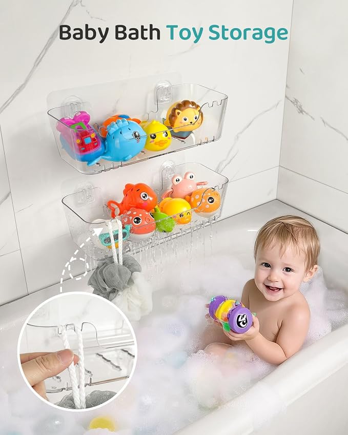 Bath Toy Storage Organizer 4 Pack, Clear Bath Toy Holder with Drain Holes | Durable Plastic Bathtub Toy Storage for Bathroom, Quick-Dry Drainable Shower Caddy, Easy to Clean (Plastic 4 Pack)