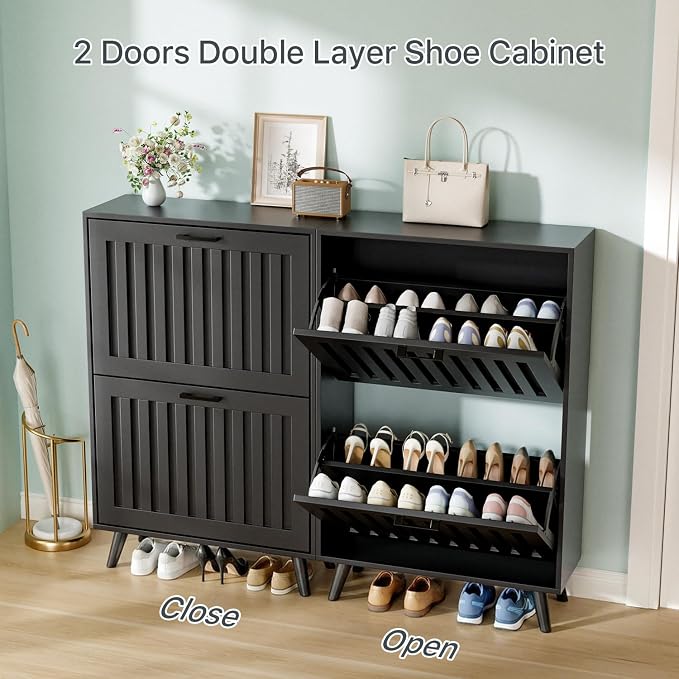 Shoe Storage Cabinet with 2 Flip Drawers, Modern Freestanding Organizer with Adjustable Shelf, Narrow Shoe Rack Cabinet for Entryway, Black