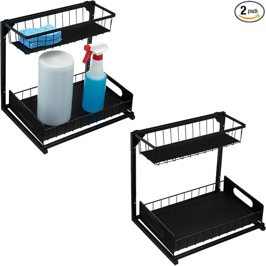Amazon Basics L-Shape Under Sink Storage Pull Out Cabinet Organizer, Space-Saving Design, Durable and Rust-Resistant, Black, Pack of 2