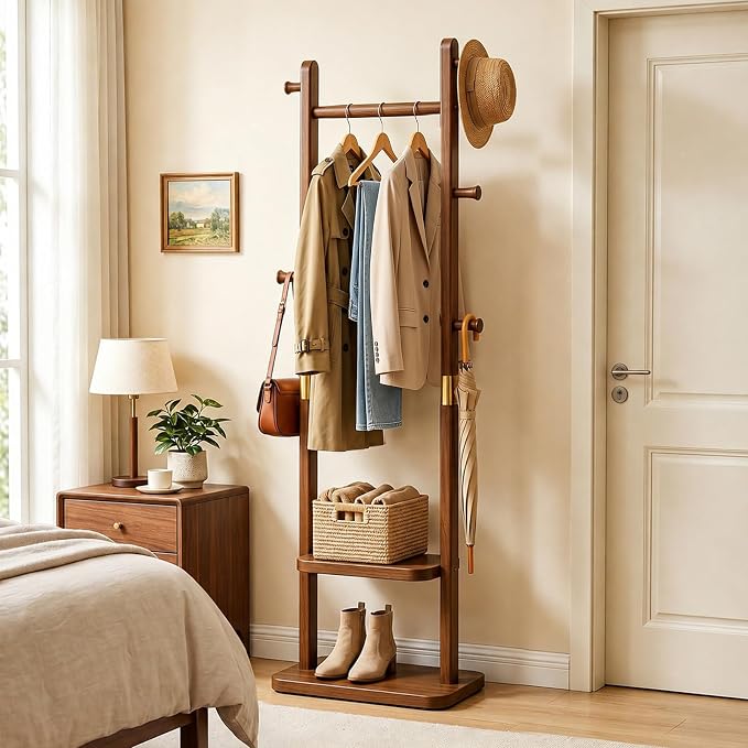 Solid Wood Coat Rack, Freestanding Clothing Rack with 2 Shelves Storage & 5 Hooks, Heavy Duty Clothes Rack Stand for Hall, Bedroom, Living Room