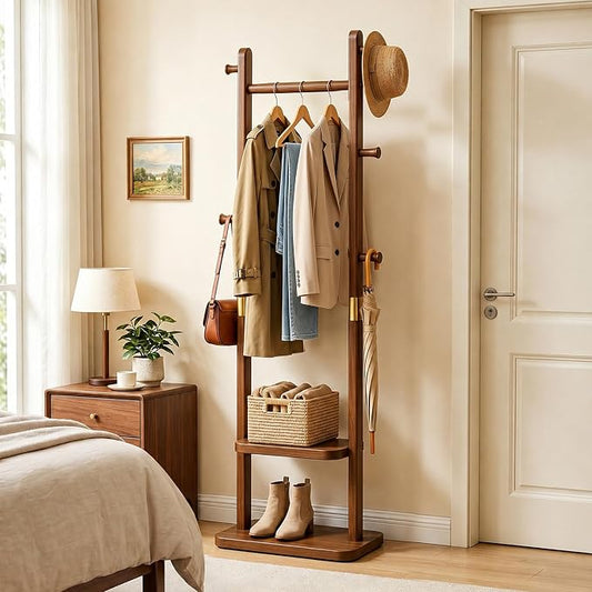 Solid Wood Coat Rack, Freestanding Clothing Rack with 2 Shelves Storage & 5 Hooks, Heavy Duty Clothes Rack Stand for Hall, Bedroom, Living Room