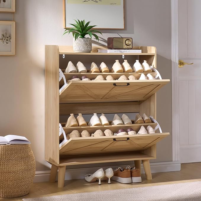 LEYAOYAO Shoe Cabinet Storage for Entryway with 2 Flip Drawers Rack Narrow Organizer Slim Hidden Wood Shoe Cabinet Furniture Natural