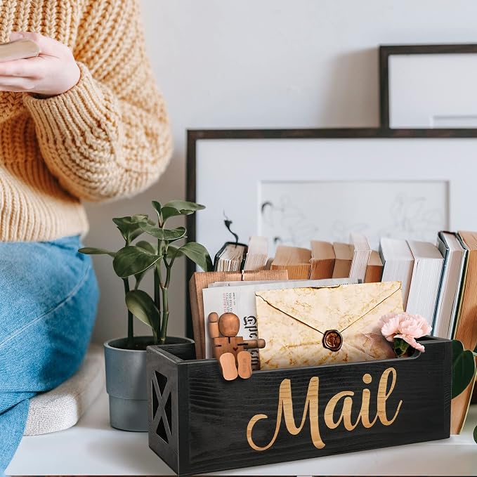 Wooden Mail Organizer Countertop | Farmhouse Black Mail Holder for Wall | Rustic Desk Mail Sorter Basket Letter Holder for Home Office Entryway Decor