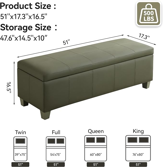 WUTUTUEE 51" Faux Leather Storage Ottoman, Stitch Tufted Rectangle Upholstered End of Bed Storage Bench, Entryway Large Couch Ottoman with Wooden Legs,Green