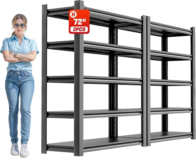 OLLRRACT 5-Tier Garage Shelving, Metal Storage Shelves 2 - Pack | 48"W x 24"D x 72"H, Adjustable, Steel, Heavy Duty, Industrial Storage Rack for Basement, Laundry, Living Room, Warehouse