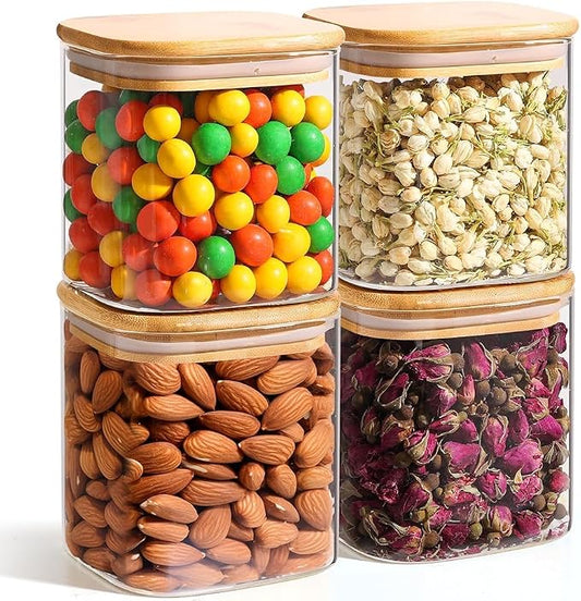 ComSaf Square Glass Containers with Lids 0.7 Qt, Set of 6 Pantry Galss Jars | Glass Storage Containers with Lids, Small Canisters, Spice Jar, Bamboo Lid with Silicone Seal, Size For Subpackage, BPA Free