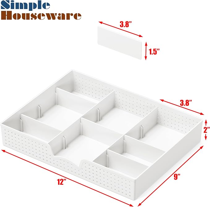 Simple Houseware Drawer Organizer Tray, 9 Adjustable Compartments, White | For Office, Makeup, and Craft Drawer or Desktop Storage