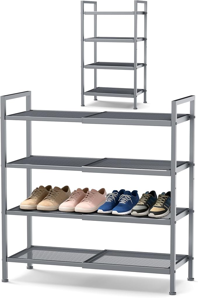 Shoe Rack, Expandable Shoe Rack for Closet, Adjustable Shoe Organizer for Entryway, Shoe Storage Organizer for Door Entrance, Garage, Bedroom (Grey, 4-Tier)