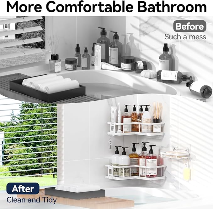 YASONIC Corner Shower Caddy Adhesive, 100% Rustproof Shower Organizer with Soap Holder, No Drill Shower Shelf for Inside Shower, Wall-Mounted Shower Storage for Homes (3 Pack, White)