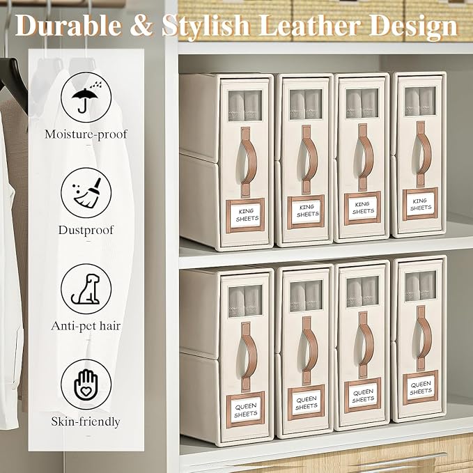6 Pack Foldable Bed Sheets Set Organizers and Storage(King & Queen Size),Linen Fabric Closet Organizers with Window,Folding Bedding Storage Box for Bedsheets and Pillow Cube Organizer-Beige