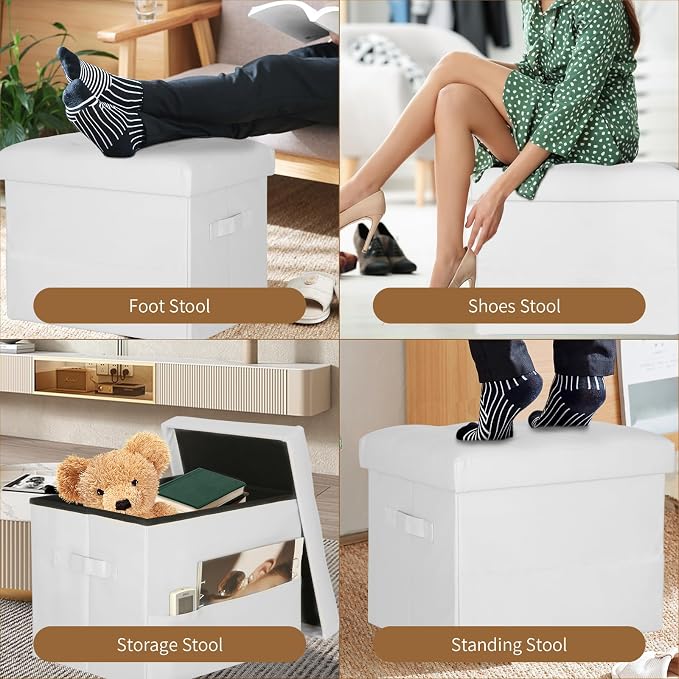 Ottoman with Storage. Folding Foot Stool with Thick Foam Padded Seat White | Leather Small Ottoman Foot Rest for Living Room Bedroom Dorm. Foot Stools Ottoman Side Pockets & Handles Designed, 17x13x13in