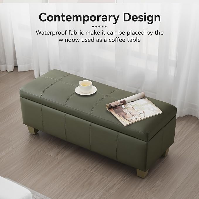 WUTUTUEE 41" Faux Leather Storage Ottoman, Stitch Tufted Rectangle Upholstered End of Bed Storage Bench, Entryway Large Couch Ottoman with Wooden Legs,Green