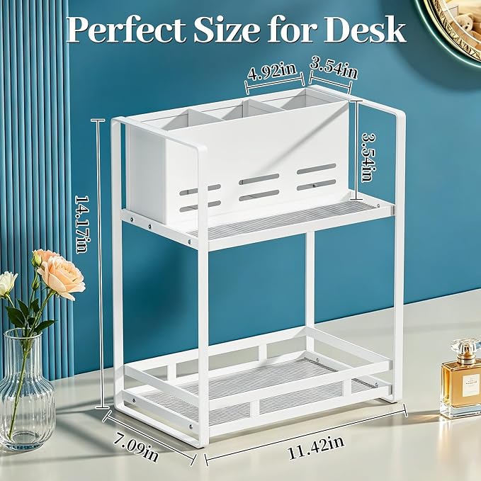 Bathroom Counter Organizer, Metal Vanity Shelf with Hair Dryer Holder | 2 Tier Hair Tool Organizer, Large Capacity Space-Saving, For Perfume, Skincare & Makeup Storage