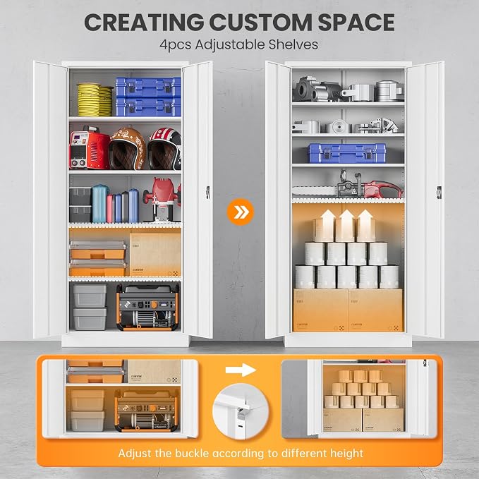 Metal Garage Storage Cabinets with Lock, 72" Tall Tool Cabinet with 2 Door and 4 Adjustable Shelves, Locking Garage Cabinets and Lockable Steel Locker for Home Office Warehouse - (White-72”H)