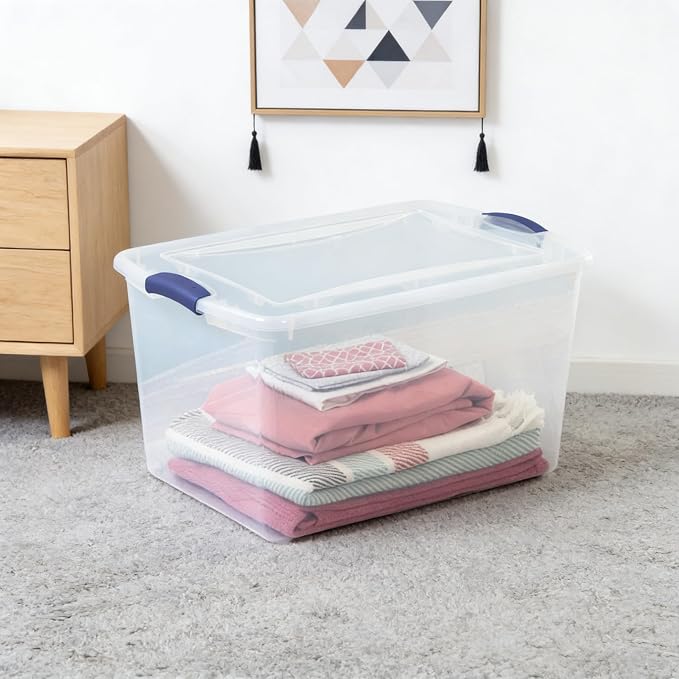 Large Storage Bin with Latch Lid (4 Pack) – 66 Quart Clear Plastic Storage Container, Blue Latches, Stackable Bins for Home Organization