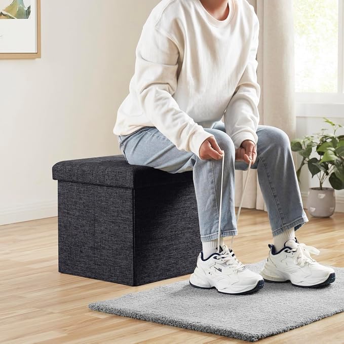 Ornavo Home 15 Inch Folding Storage Ottoman Cube, Tufted Linen, Black | Upholstered Cube with Lid; Foot Rest Stool; Ideal for Bedroom, Living Room or Entryway