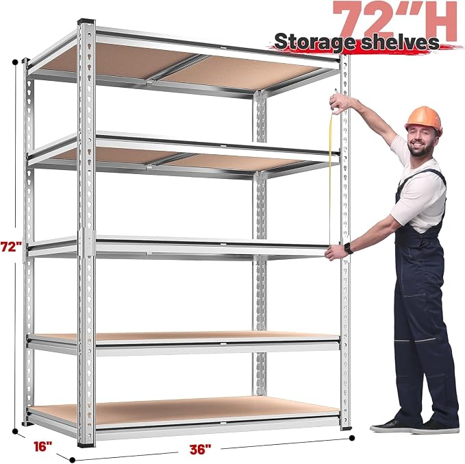 REIBII 2020LBS Garage Shelving Heavy Duty Metal Shelving 5 Tier Storage Shelves, Garage Shelves for Basement, Warehouse, Pantry, Closet, Kitchen, 72" H x 36" W x 16" D, Galvanized, 2 Pack