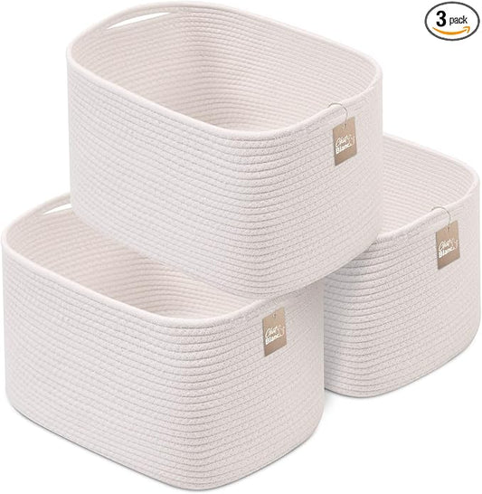 CHAT BLANC Cotton Rope Baskets for Organizing, Shelves, Toys, Storage, Shoe, Bathroom, Laundry, Towel, Nursery, Home Decor, Blanket, Cloth Woven Bins Fabric (Creamy White, 15"x10"x9")