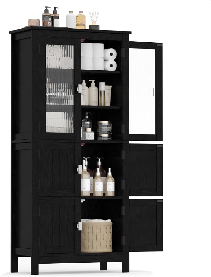 Akxomel 53.1" H Tall Bathroom Storage Cabinet, Bathroom Floor Cabinet with 6 Doors and Adjustable Shlef, Linen Cabinet, Pantry Cabinet for Living Room, Kitchen, Entryway, Black
