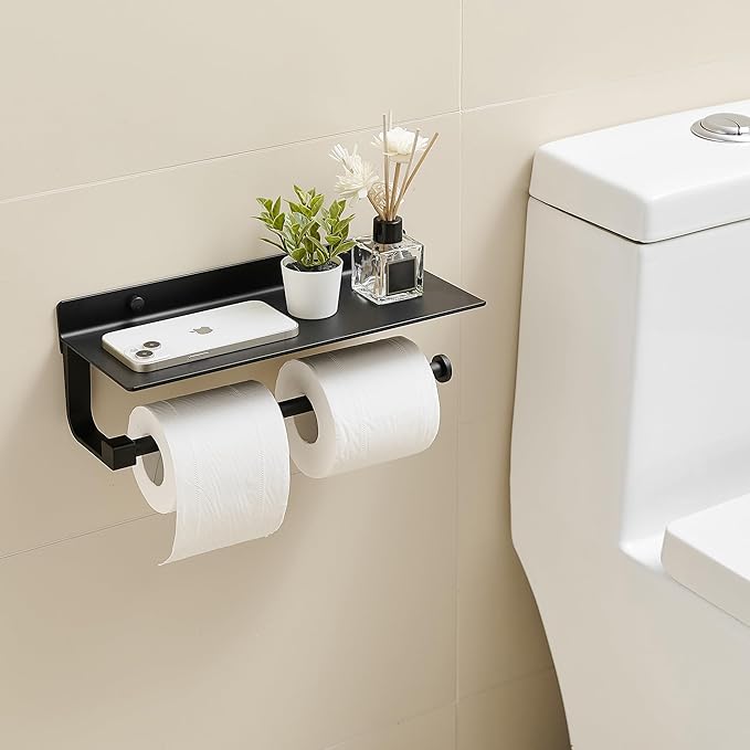 Hand Towel Holder for Bathroom -Paper Towel Holder Wall Mount - for Bathroom Black Paper Towel Holder with Shelf -Kitchen Towel Holder Black