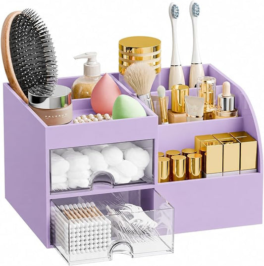 Makeup Organizer with 2 Drawers, Makeup Organizers Countertop for Vanity and Bathroom, Make up organization and Skincare Storage with Brush Holder, for Dresser, Desktop, Cosmetic Display Case (Purple)